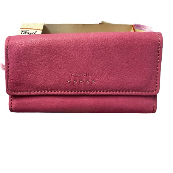 Vintage Fossil Pop Stitch Clutch Trifold Checkbook Wallet Pink With Box - Picture 5 of 10